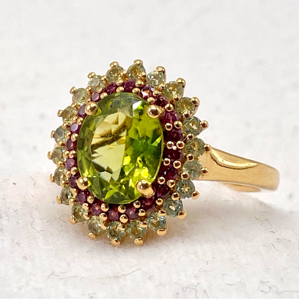 Elegant Peridot Rhodolite Garnet Halo Ring 139$